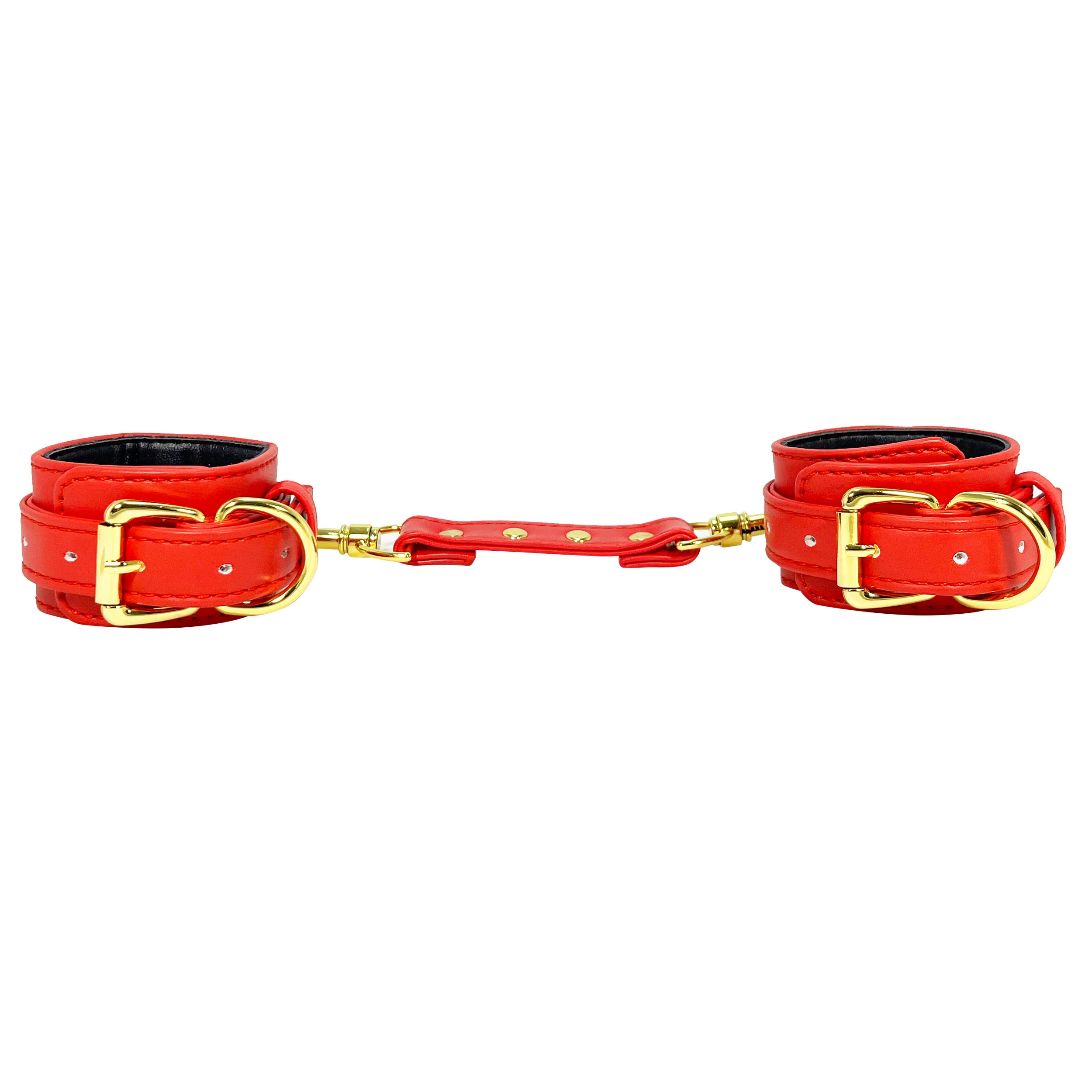 Red Wrist Cuffs with Gold Tone Hardware by Fetish Pleasure Play
