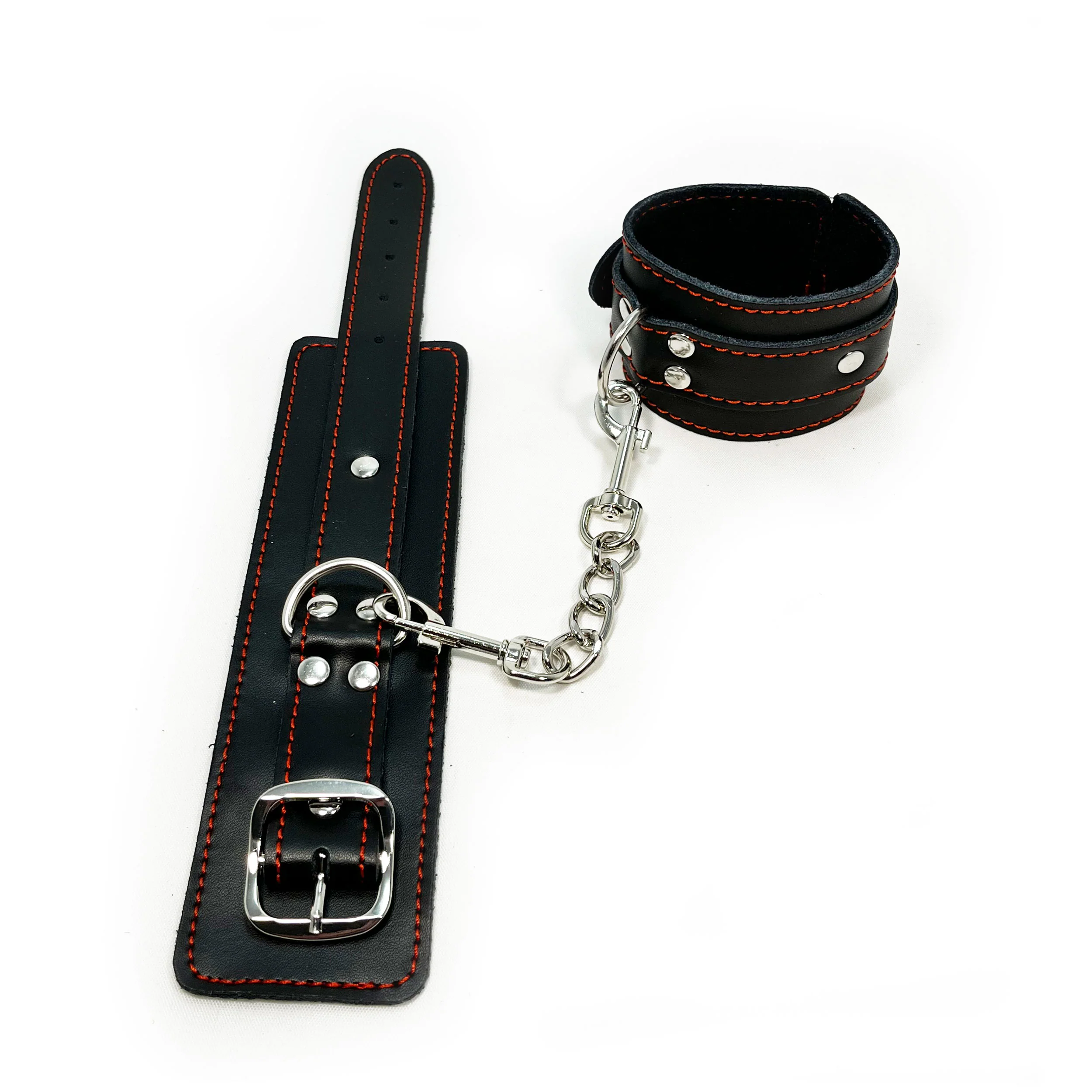 Wide Leather Wrist Restraints with Decorative Red Stitching by Fetish Pleasure Play in Black