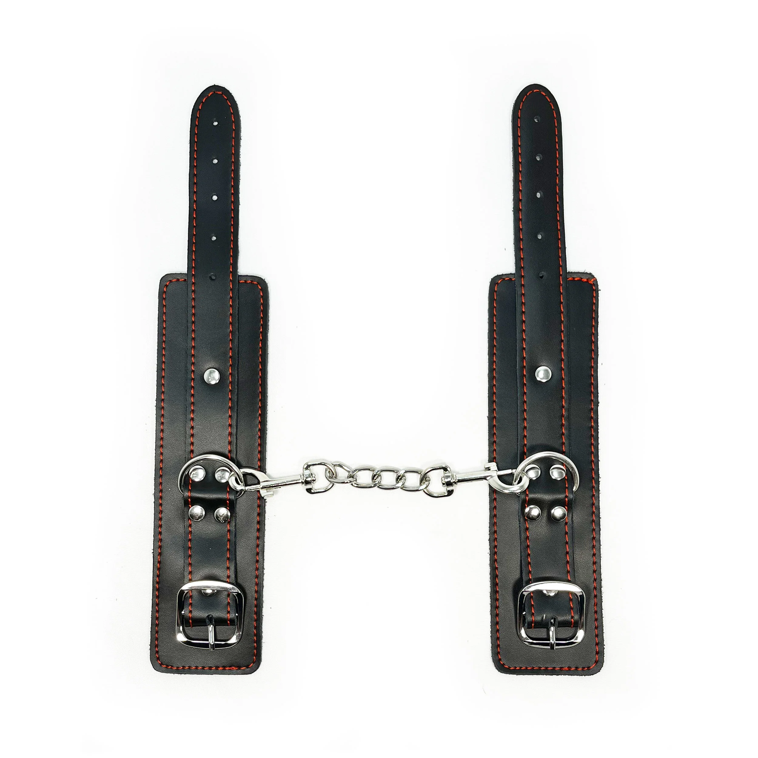 Wide Leather Wrist Restraints with Decorative Red Stitching by Fetish Pleasure Play in Black