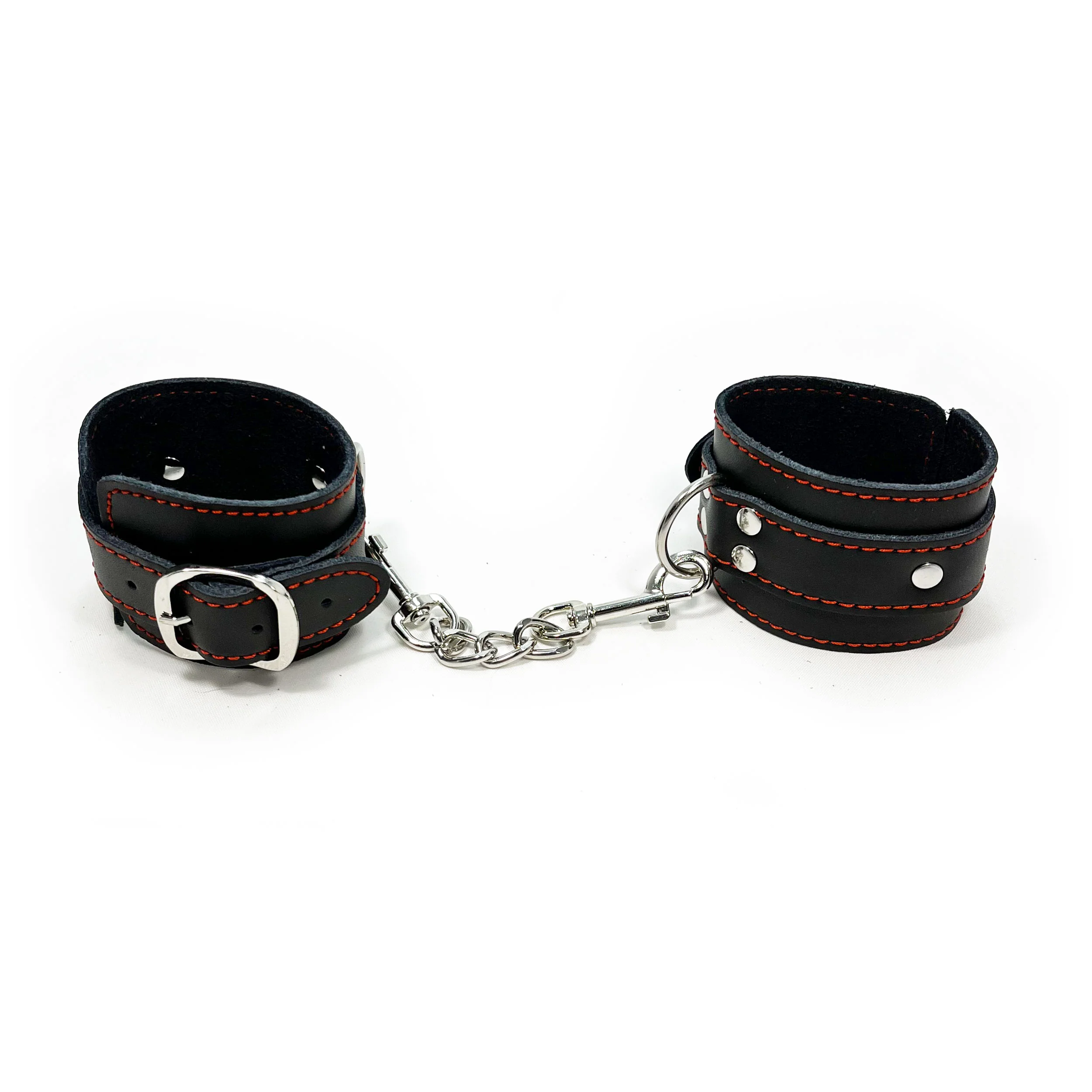 Wide Leather Wrist Restraints with Decorative Red Stitching by Fetish Pleasure Play in Black