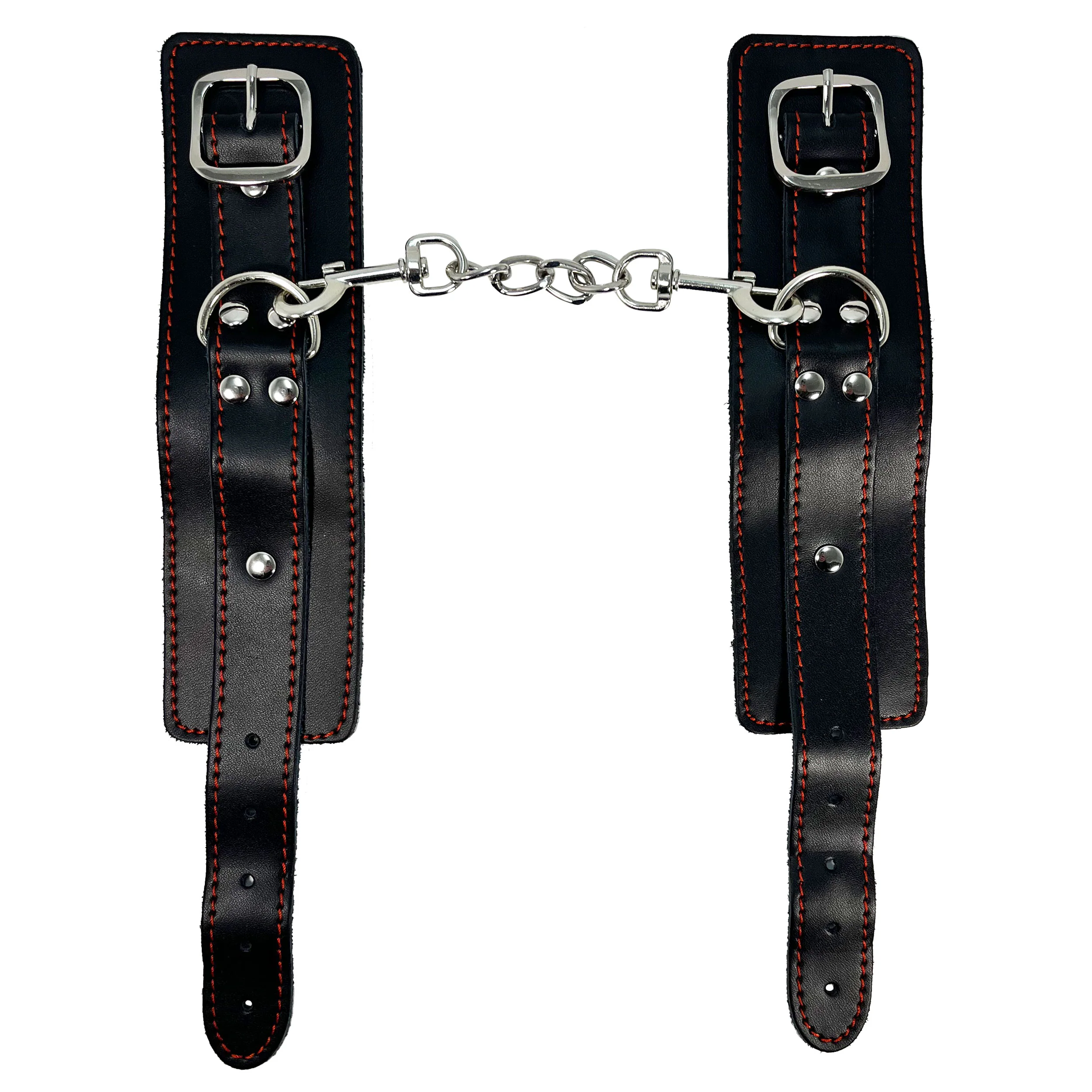 Wide Leather Wrist Restraints with Decorative Red Stitching by Fetish Pleasure Play in Black