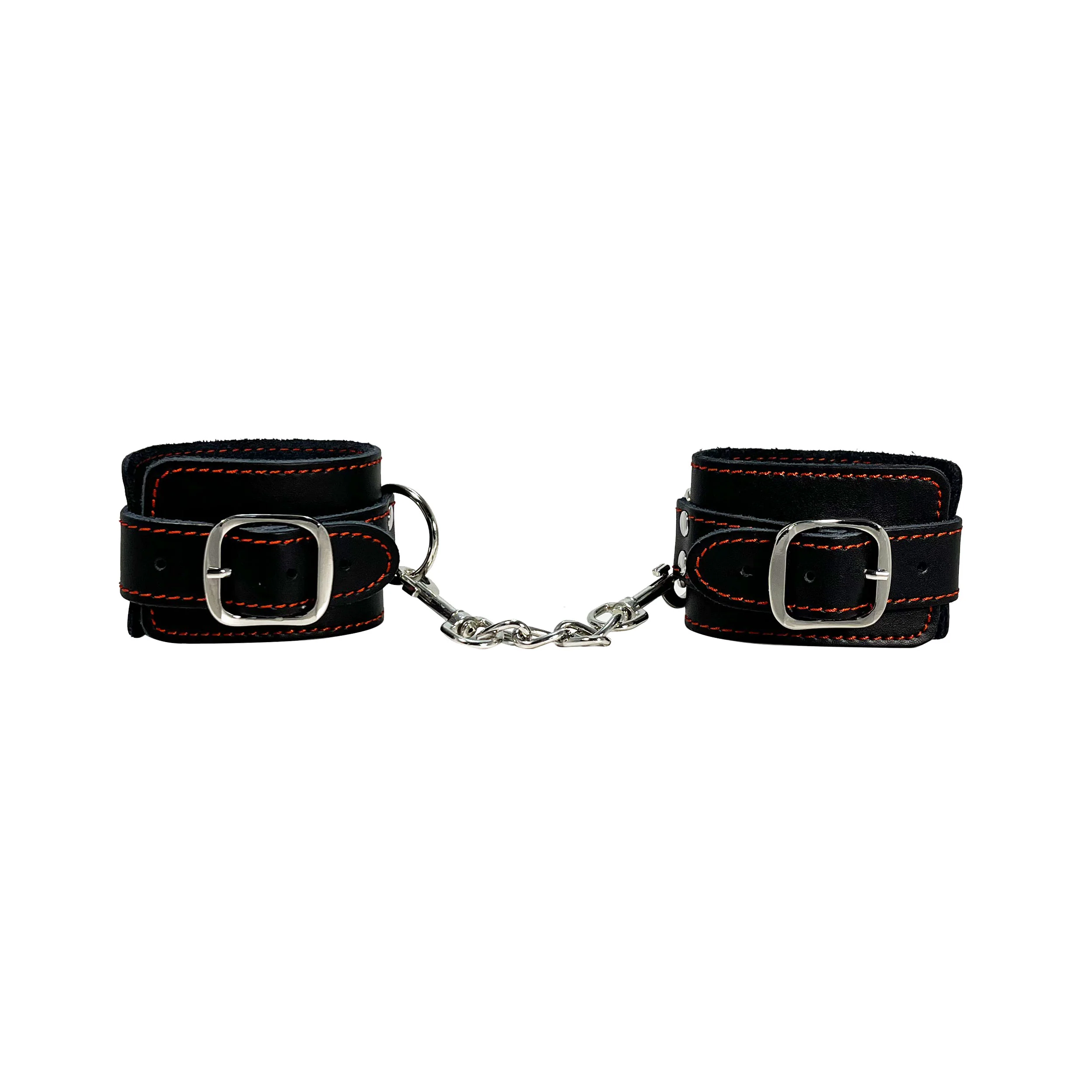Wide Leather Wrist Restraints with Decorative Red Stitching by Fetish Pleasure Play in Black