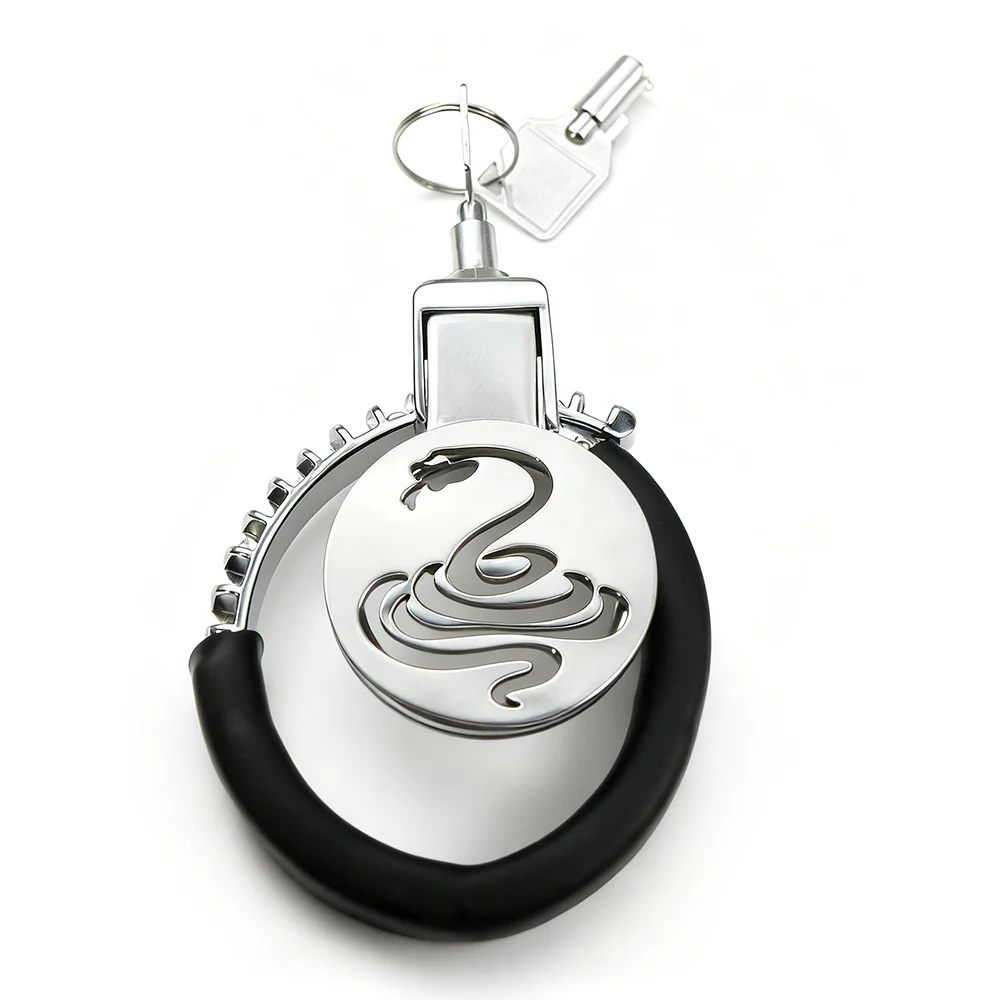 Cobra Flat Chastity Cage with Handcuff-Style Locking Ring by Metal Pleasure Play
