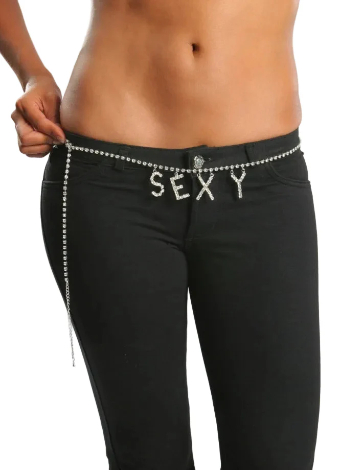 "SEXY" Rhinestone Belly Chain, Silver, One Size