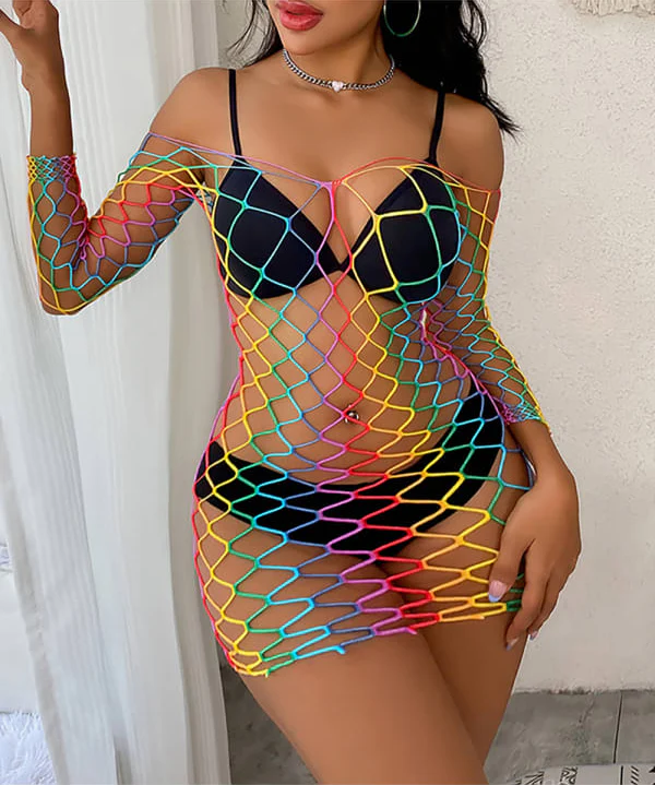 Rainbow Fishnet Long Sleeve Bodystocking Dress