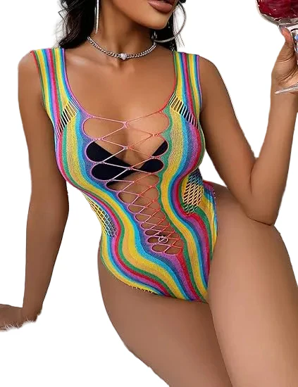 Rainbow Fishnet Cutout Bodysuit
