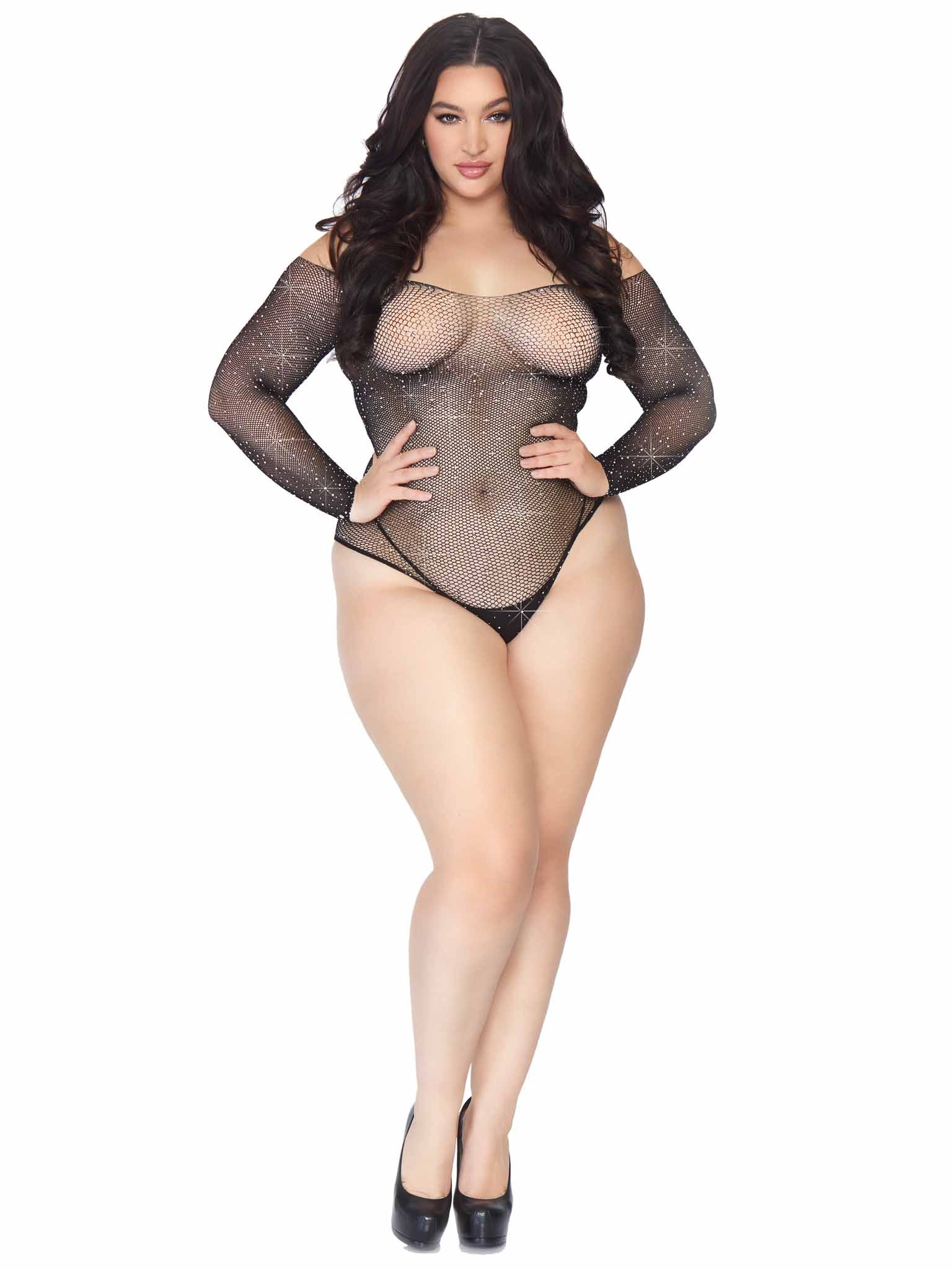 Rhinestone Long Sleeve Snap Crotch Fishnet Bodysuit, Black, Queen O/S
