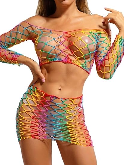 Rainbow Fishnet 2-Piece Top and Skirt Set in S/M