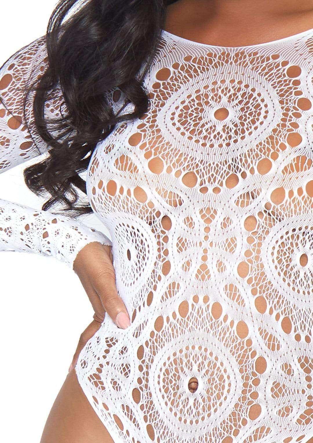 Crochet Lace Long Sleeved Snap Crotch Thong Back Bodysuit, White, S/M