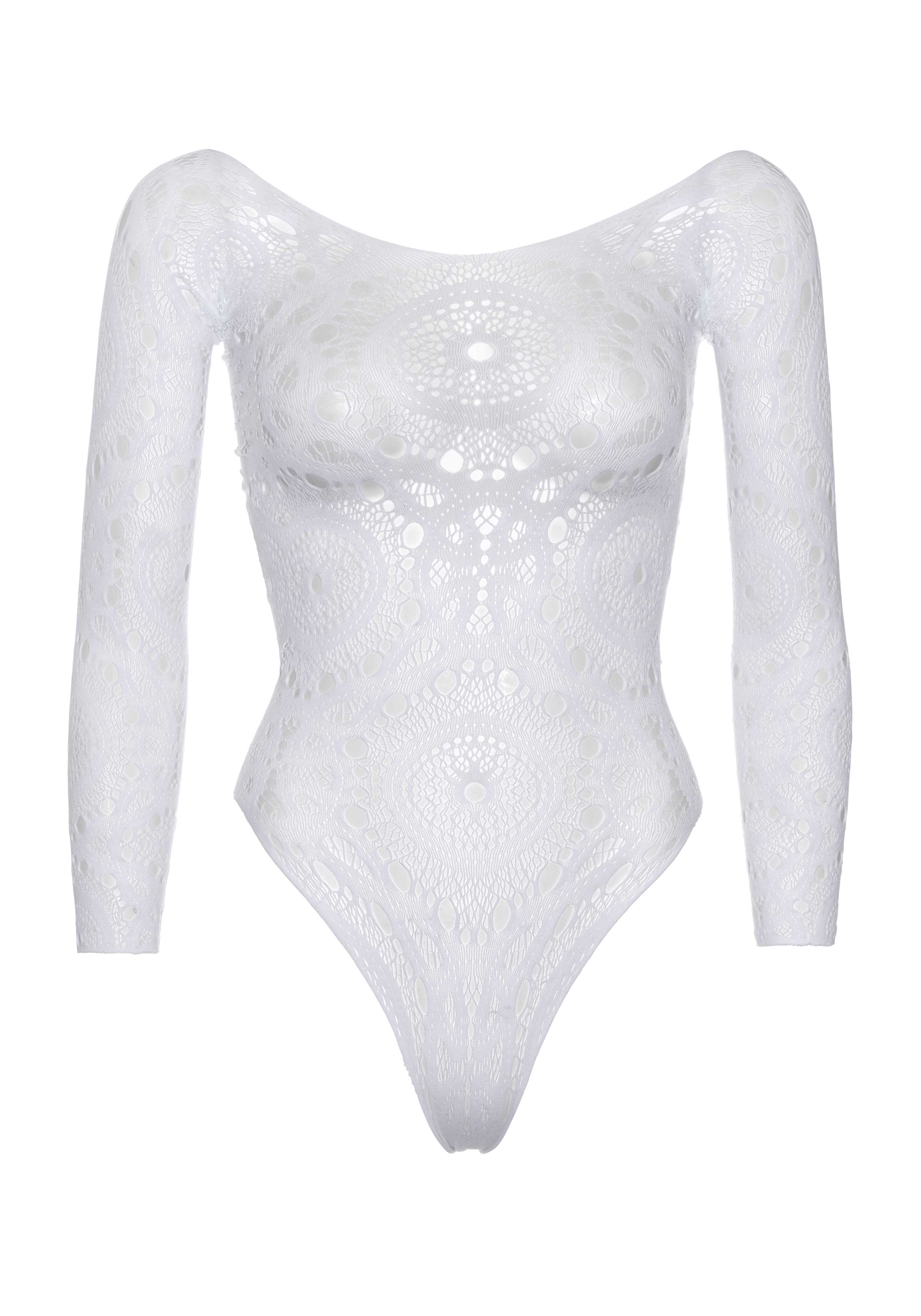 Crochet Lace Long Sleeved Snap Crotch Thong Back Bodysuit, White, S/M