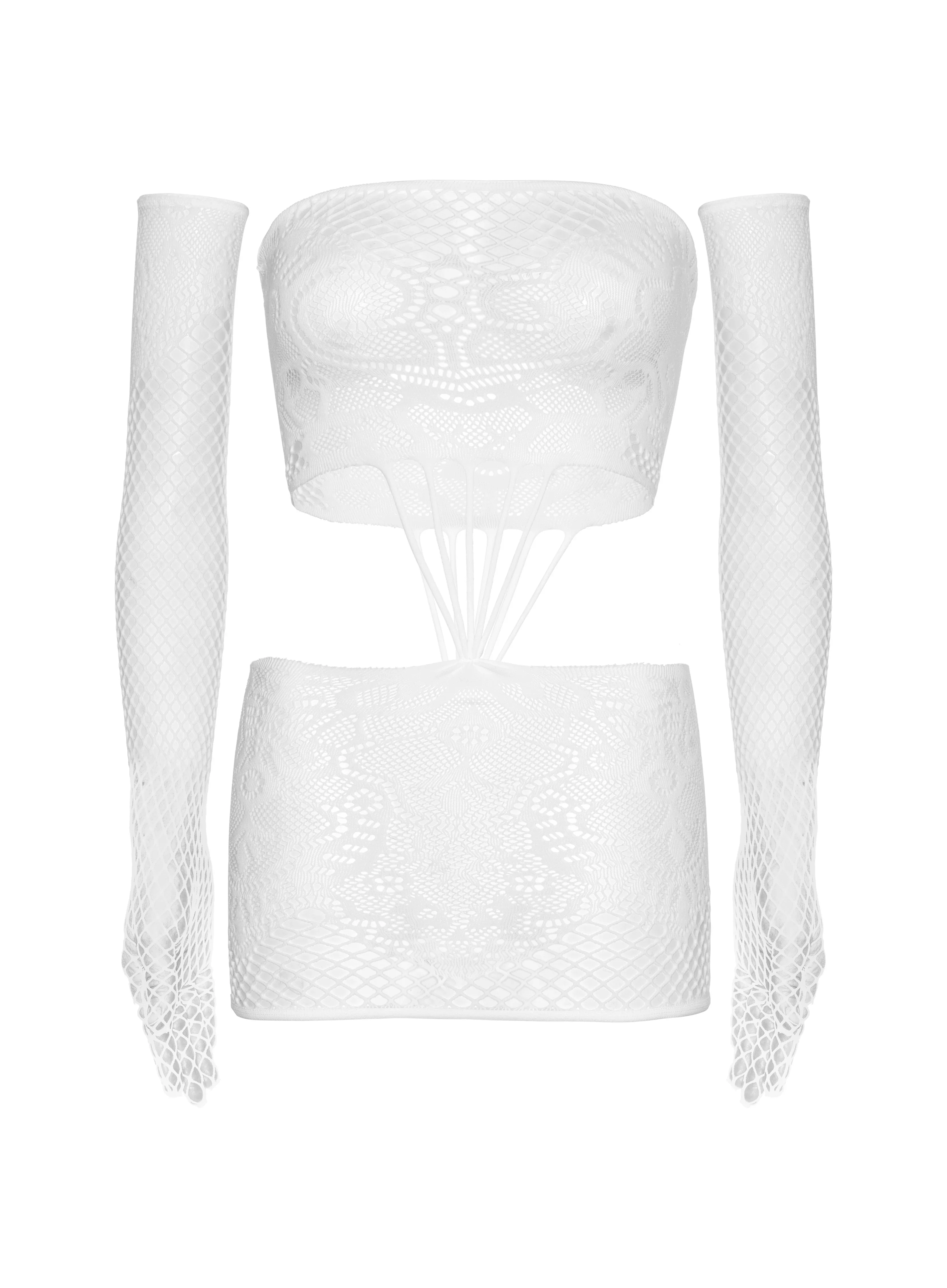 2 PC Cut-Out Lace and Net Tube Dress with Long Gloves in White, One Size