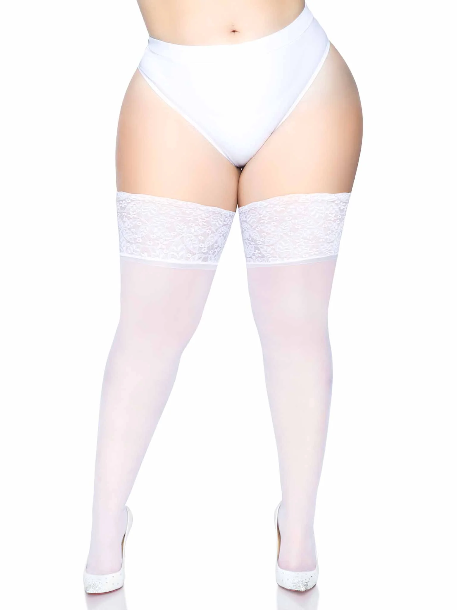 White Spandex Sheer Thigh Highs with 5" Silicone Stay Up Lace Top Queen O/S