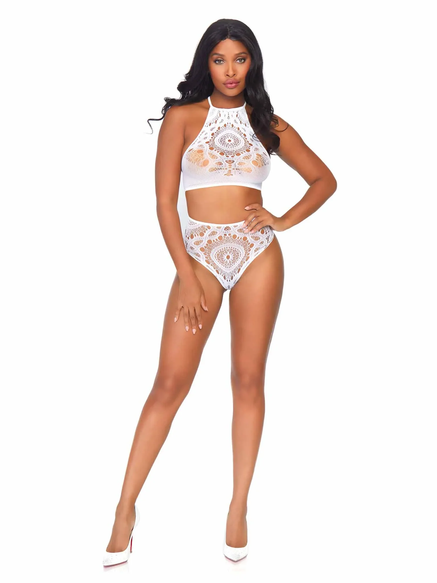 Crochet Lace Halter Crop Top and Panties, White, M/L