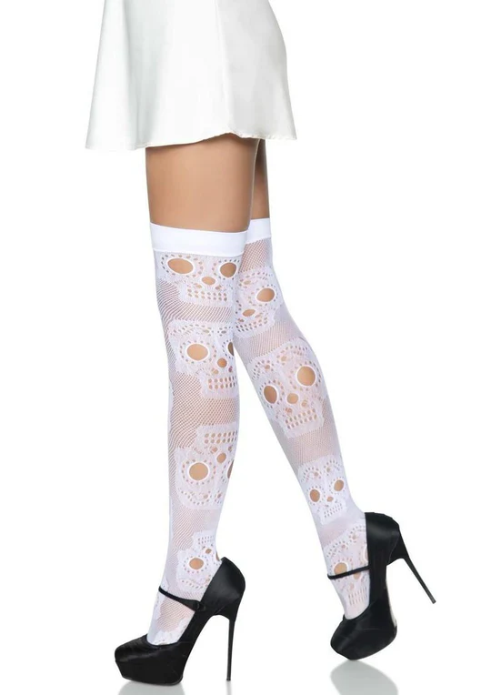 White Woven Sugar Skull Fishnet Thigh High Stockings One Size