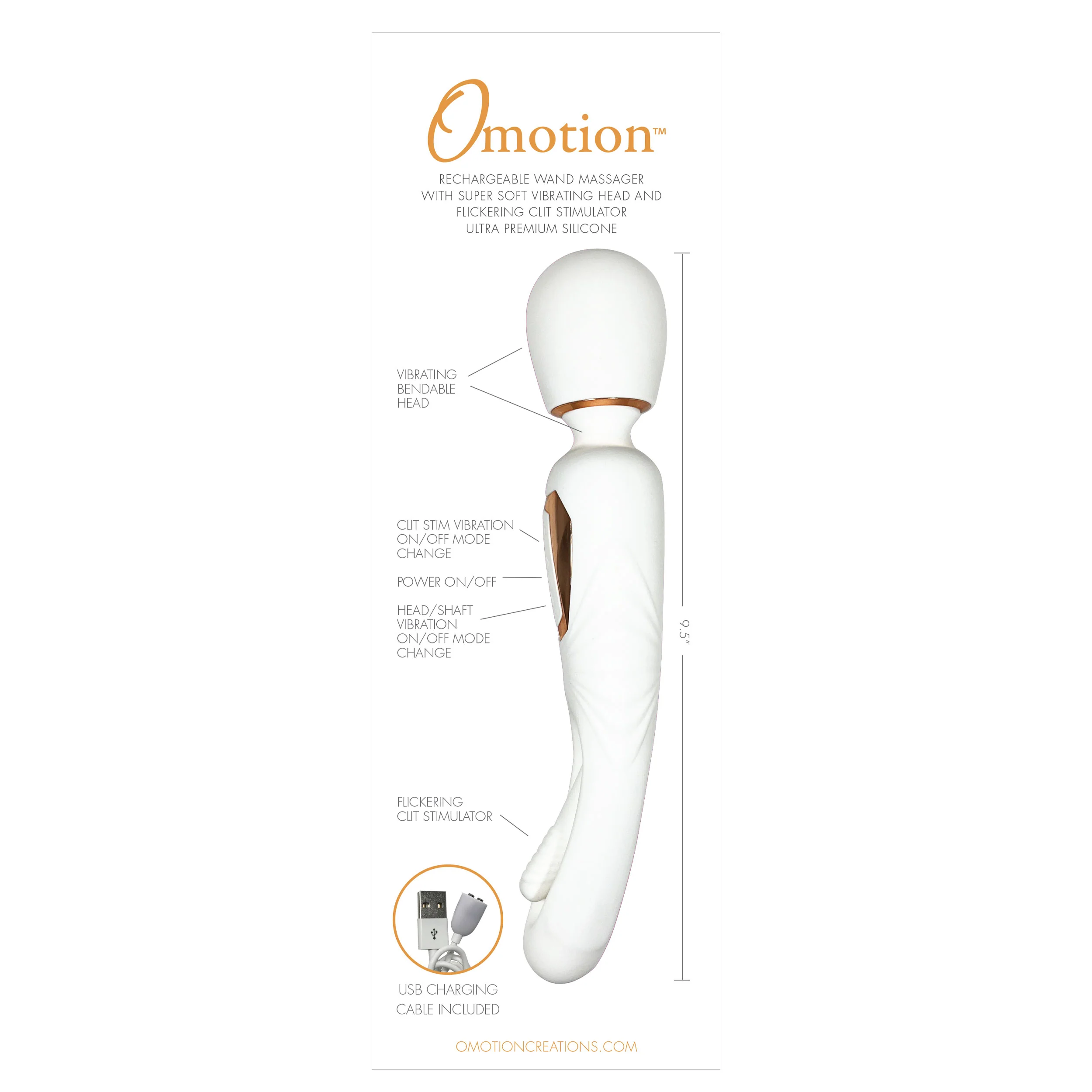 Coral Flutter Wand Vibe w/Clit Flicker by Omotion in White & Rose Gold