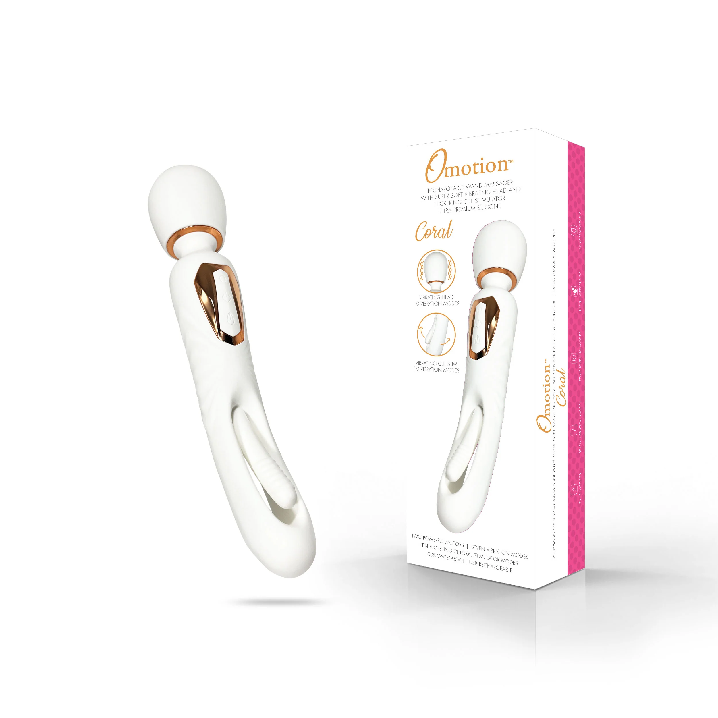 Coral Flutter Wand Vibe w/Clit Flicker by Omotion in White & Rose Gold