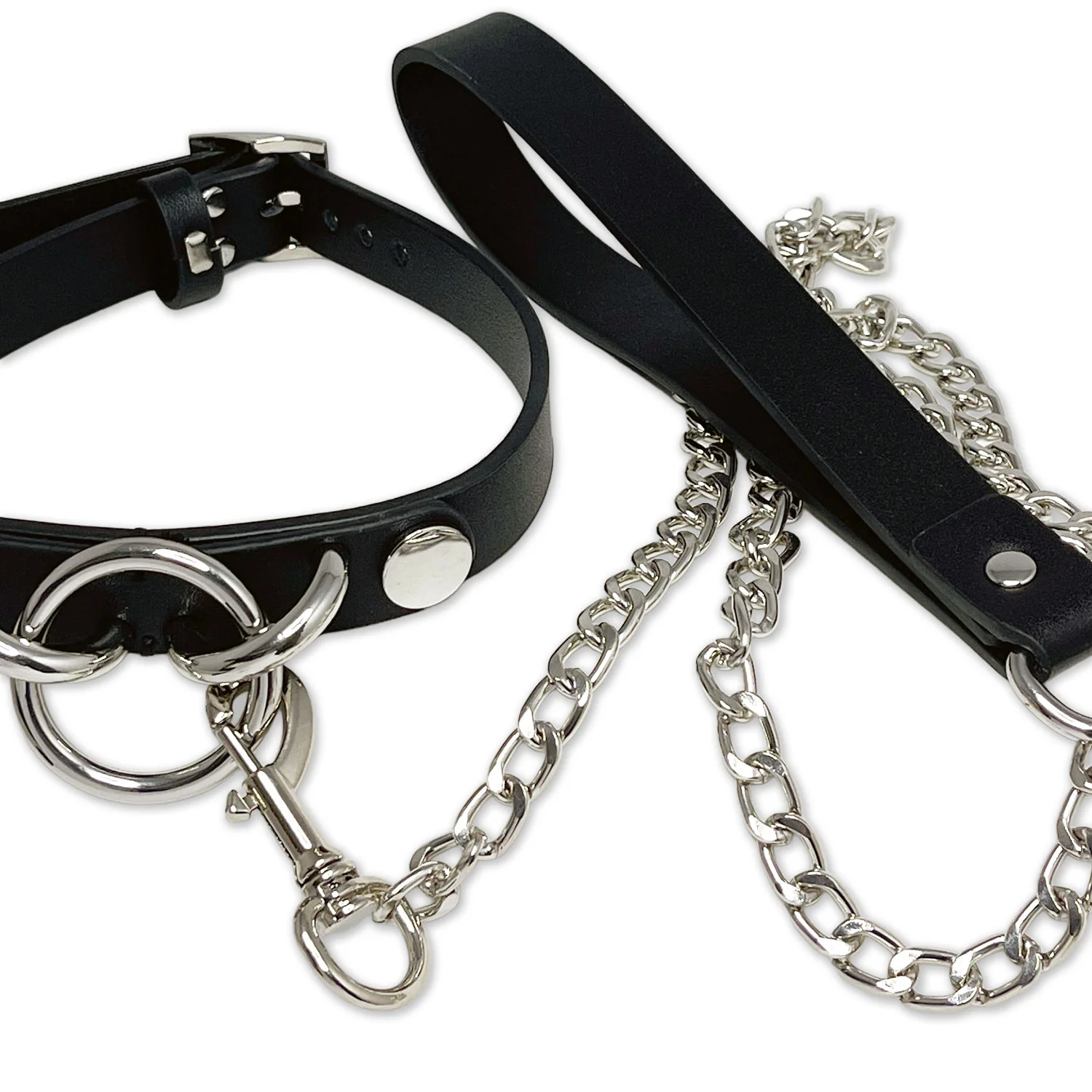 Triple Ring Collar and Leash Set with Silver Chain by Fetish Pleasure Play