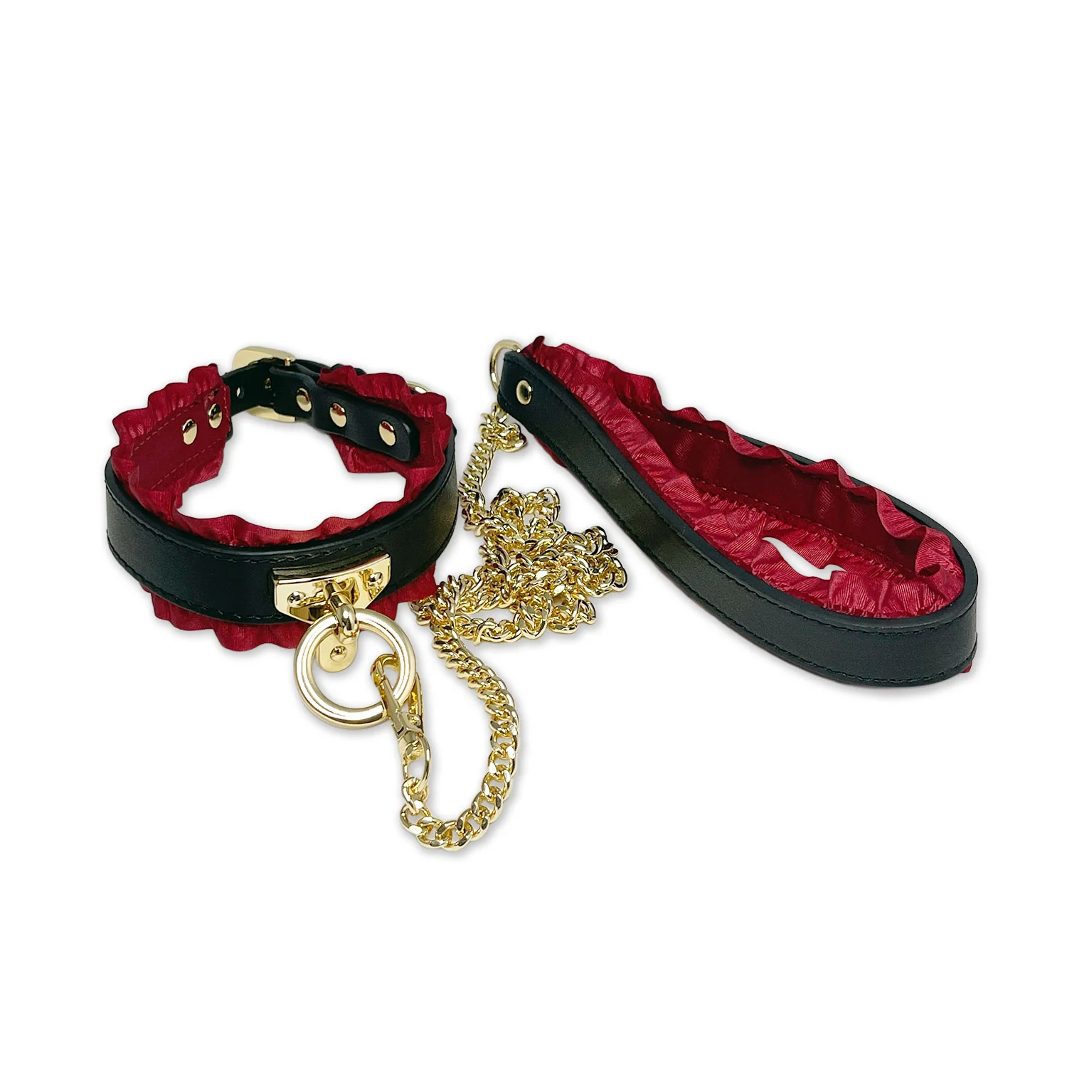 2592-black-collar-and-leash-set-w-ruffled-red-ribbon-lining-by-fetish-pleasure-play-1.webp Black Collar and Leash Set w/Ruffled Red Ribbon Lining by Fetish Pleasure Play