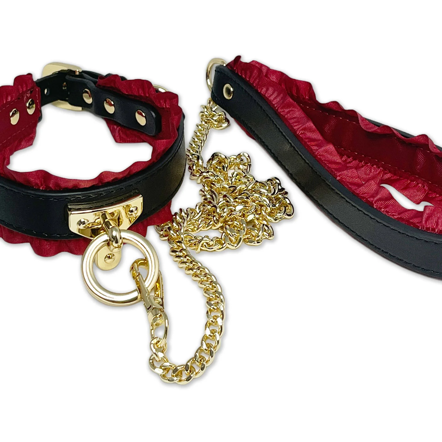 Black Collar and Leash Set w/Ruffled Red Ribbon Lining by Fetish Pleasure Play