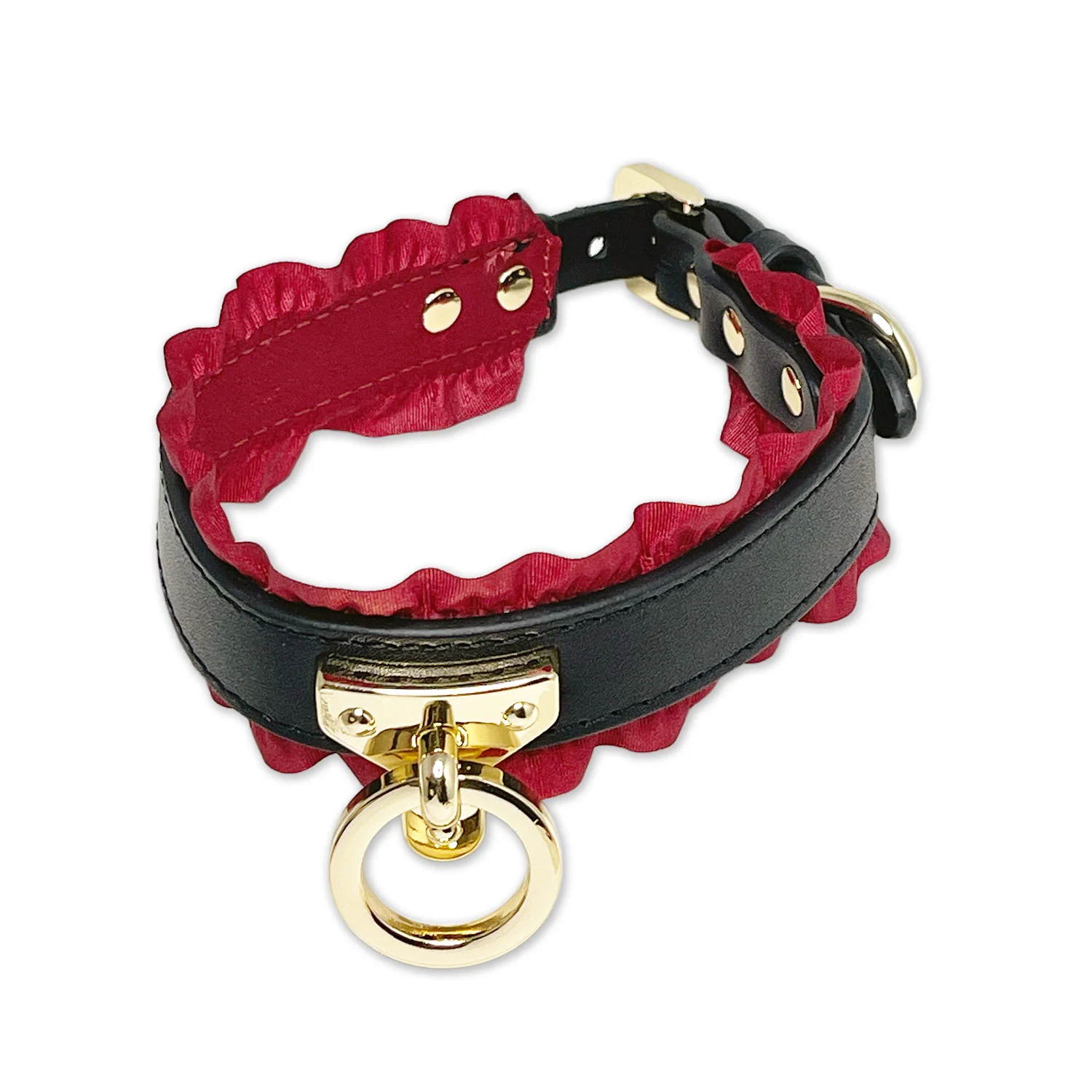 Black Collar and Leash Set w/Ruffled Red Ribbon Lining by Fetish Pleasure Play