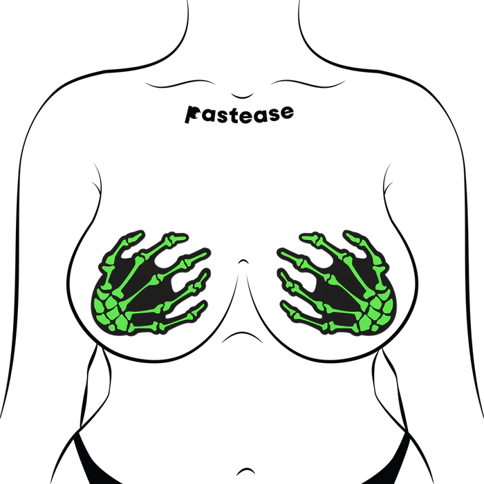 Zombie UV Reactive Boney Hands Nipple Pasties, Neon Green, One Size
