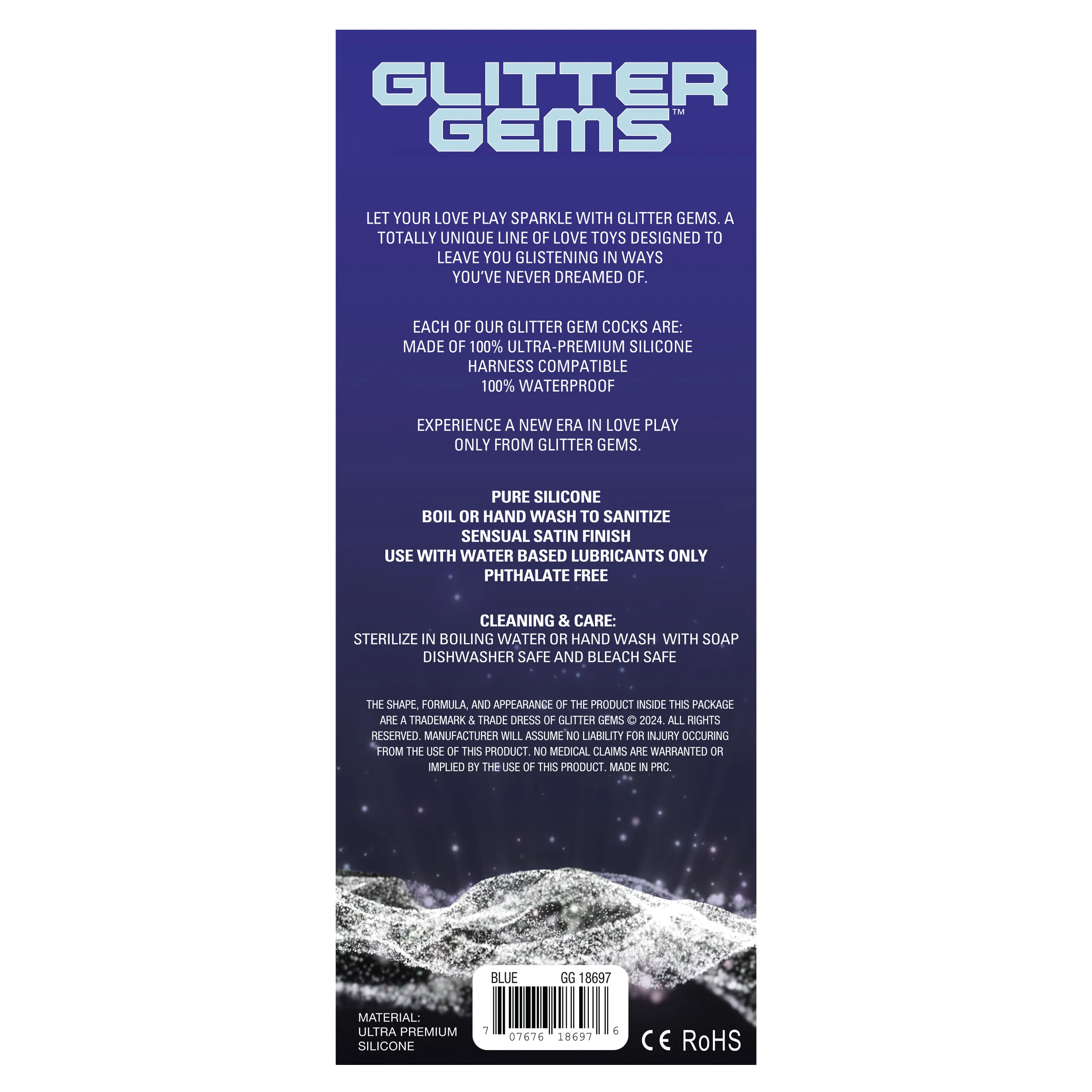 Blue Glitter Gems 7" Dildo in Ultra-Premium Silicone