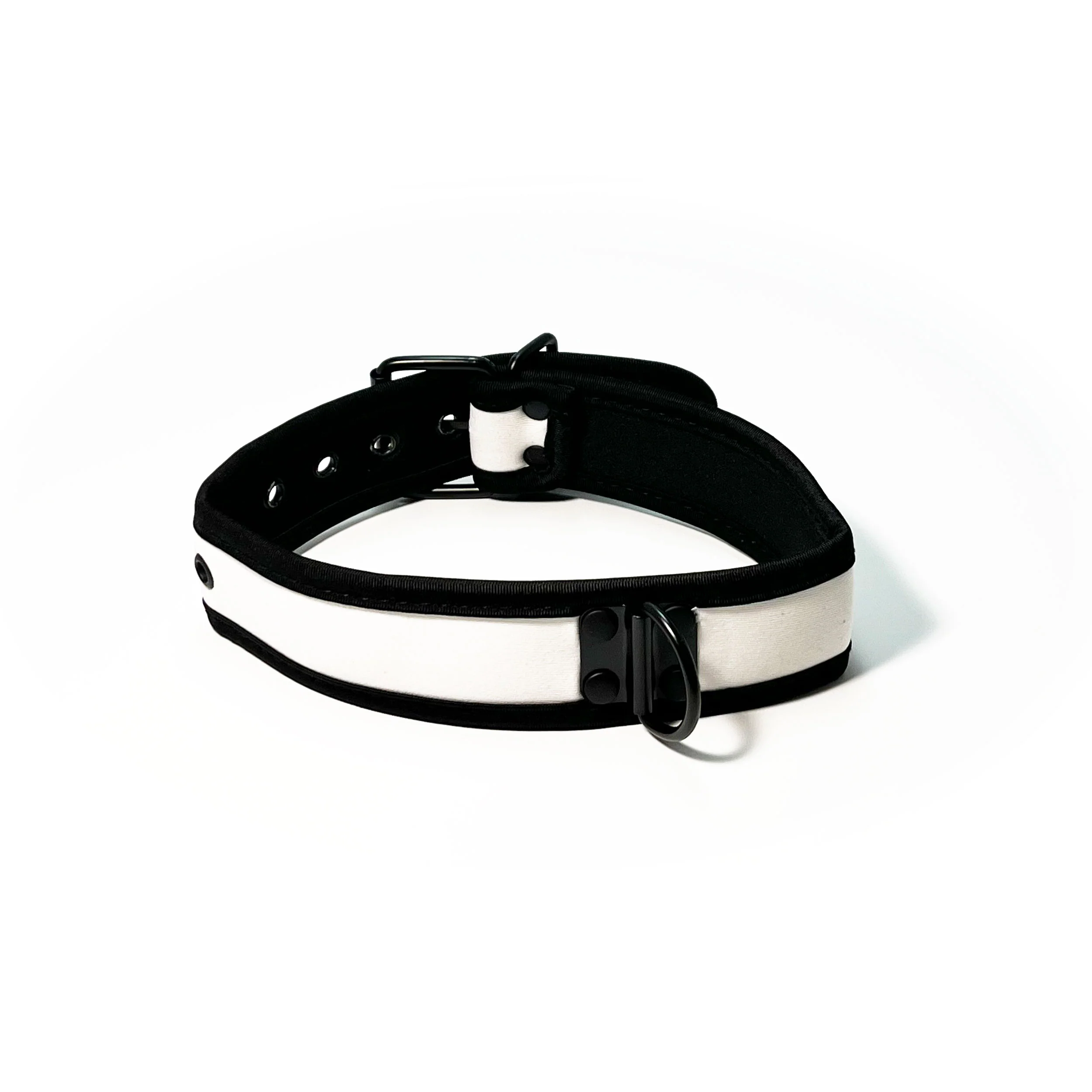 Adjustable Neoprene Collar with D-Ring by Fetish Pleasure Play in White and Black