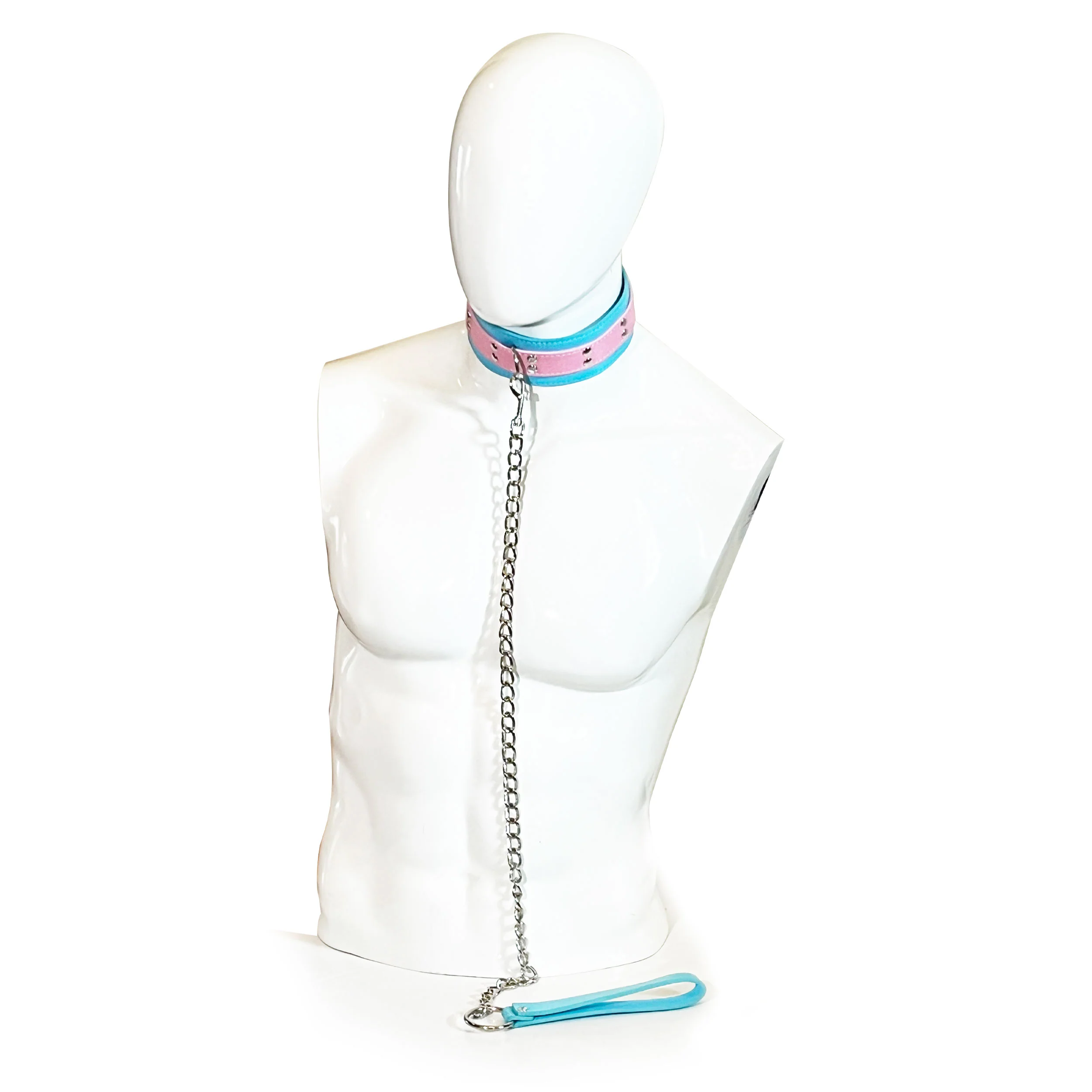 Two-Toned Collar with Chain Leash Set by Fetish Pleasure Play in Pink and Teal