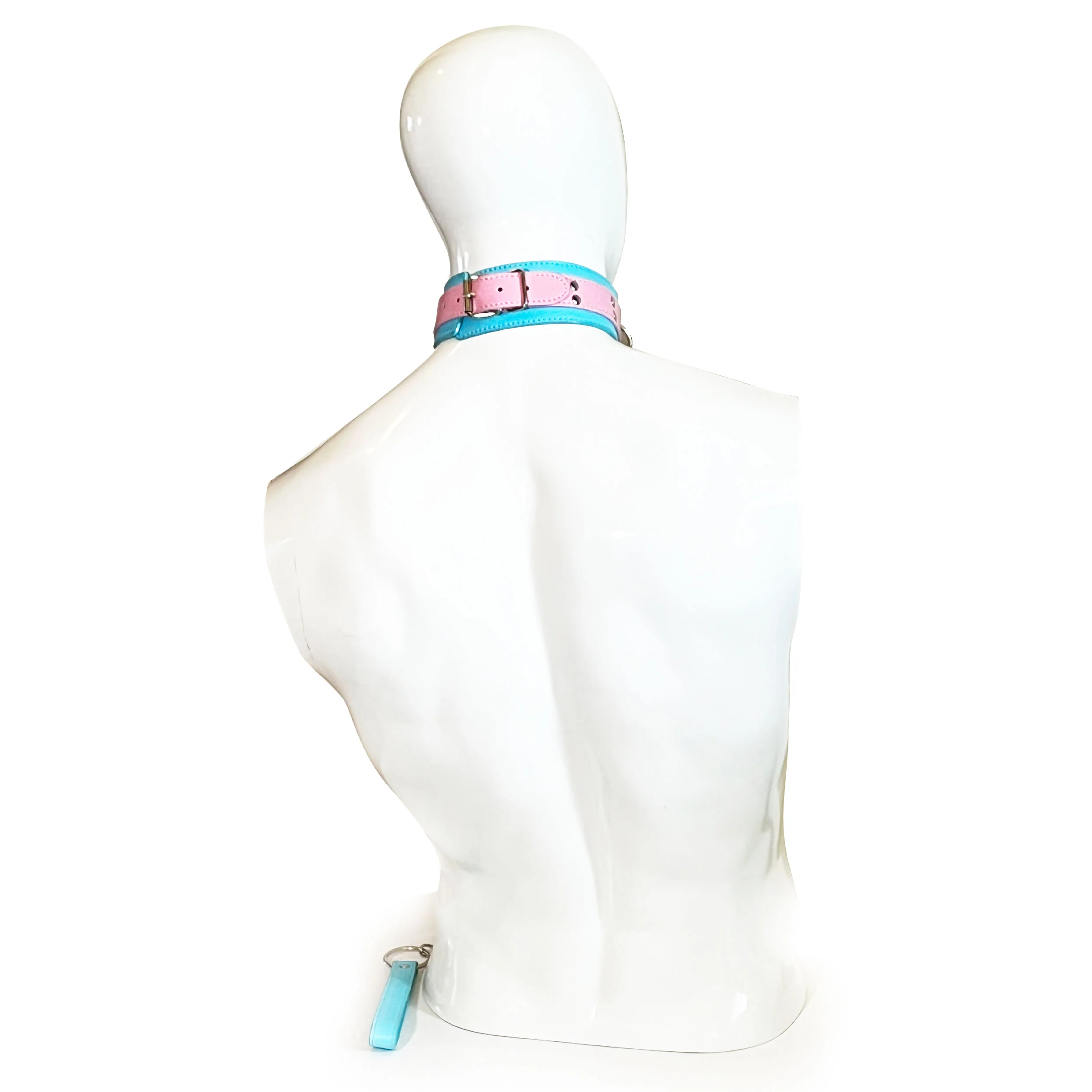 Two-Toned Collar with Chain Leash Set by Fetish Pleasure Play in Pink and Teal