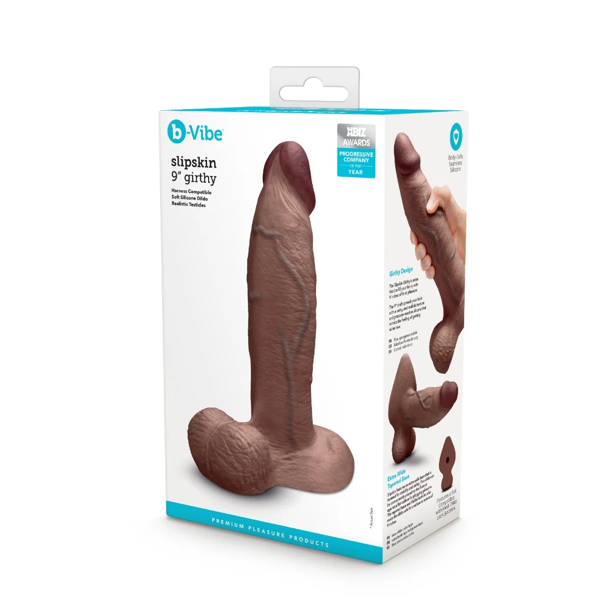 b-Vibe SlipSkin 9" Realistic Silicone Dildo in Girthy Brown