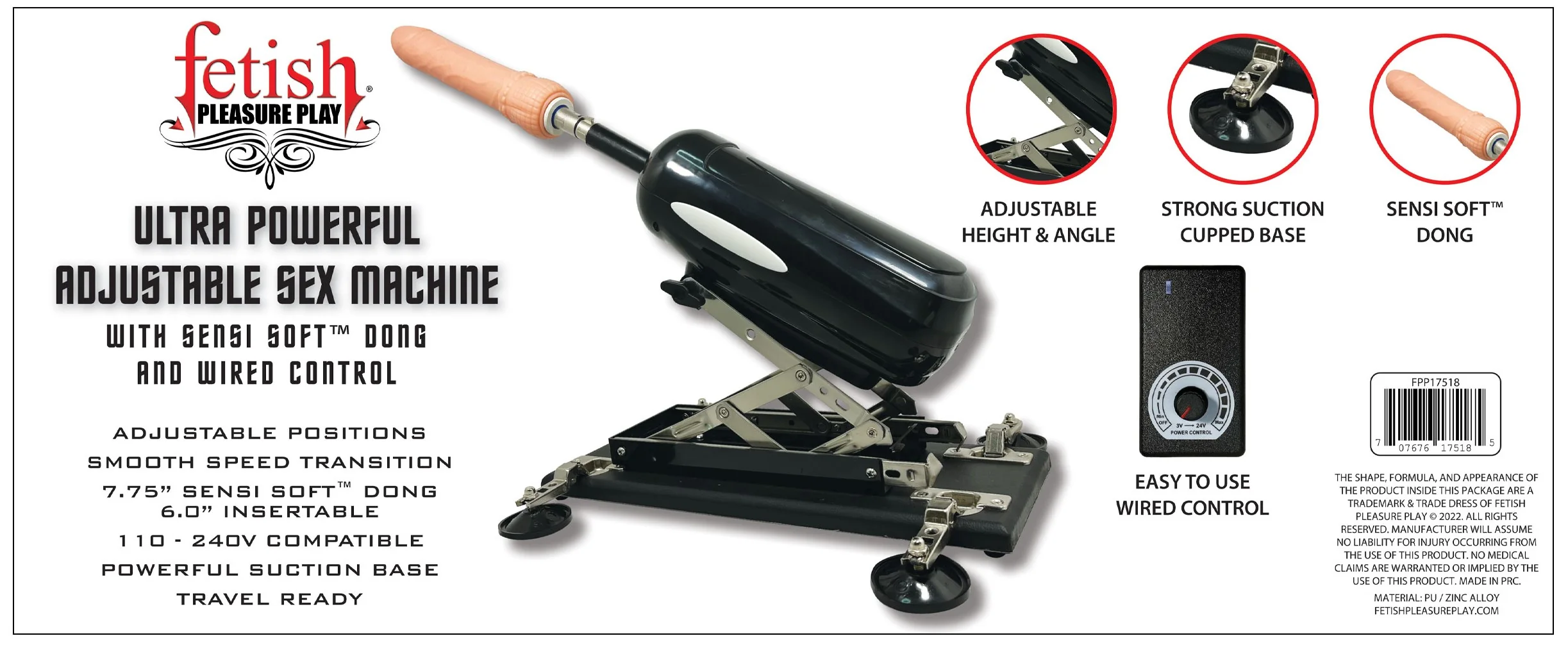 Fetish Pleasure Play Ultra Powerful Adjustable Travel Sex Machine